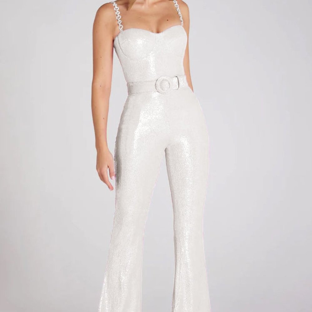White 70s Disco Sequin Jumpsuit